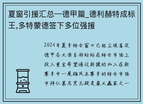 夏窗引援汇总—德甲篇_德利赫特成标王,多特蒙德签下多位强援